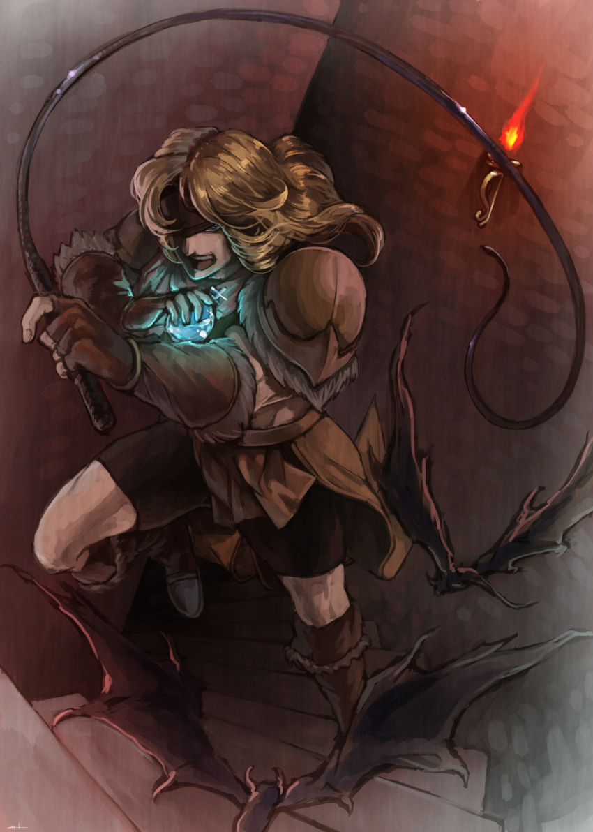 1boy absurdres armor bandana bat_(animal) blonde_hair boots castlevania_(1986) castlevania_(series) fingerless_gloves food_fighter_441 gloves headband highres holy_water konami long_hair male_focus open_mouth pauldrons shorts shoulder_armor simon_belmont stairs vambraces whip