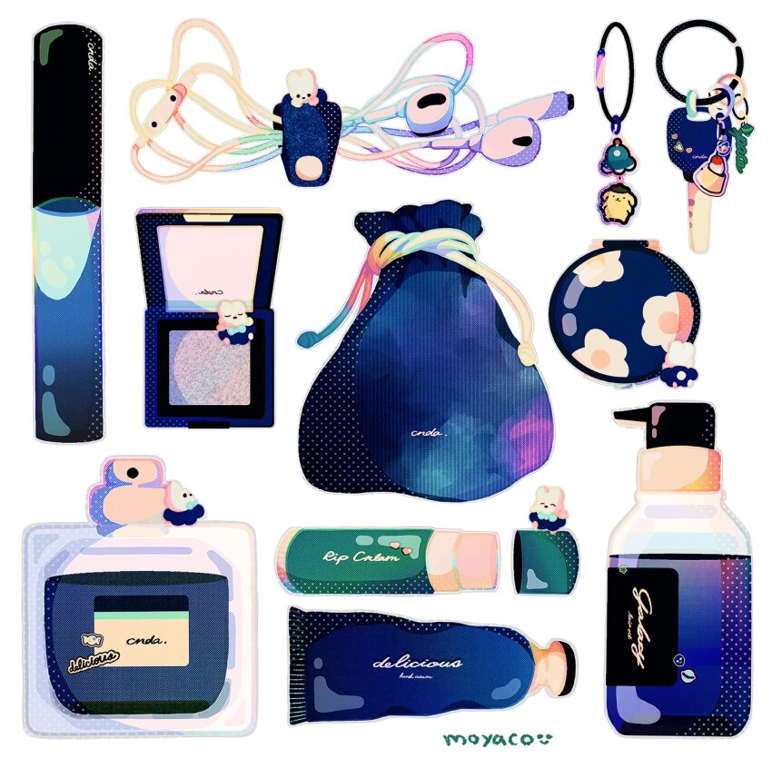 artist_name bag blue_theme bottle cellphone_charm charm_(object) closed_eyes commentary compact_(cosmetics) cosmetics earphones english_text headphones highres in-ear_earphones lipgloss_tube moyaco original perfume_(cosmetics) perfume_bottle signature smile solid_circle_eyes solid_eyes squeeze_tube symbol-only_commentary