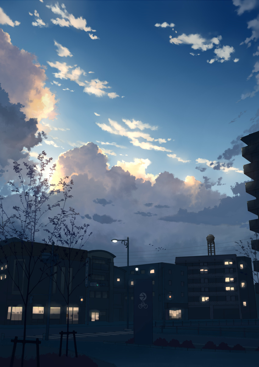 anyotete blue_sky building city cityscape cloud commentary_request crosswalk flock highres lamppost no_humans original outdoors power_lines scenery sign sky tree