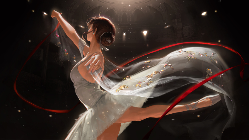 1girl absurdres ballerina ballet ballet_slippers bangsom bare_shoulders breasts brown_hair cowboy_shot dancing dress earrings from_side hair_bun hair_ribbon highres indoors jewelry leg_up legs looking_to_the_side medium_breasts original outstretched_arms outstretched_leg red_ribbon ribbon sideboob single_hair_bun solo tutu white_dress white_footwear white_ribbon