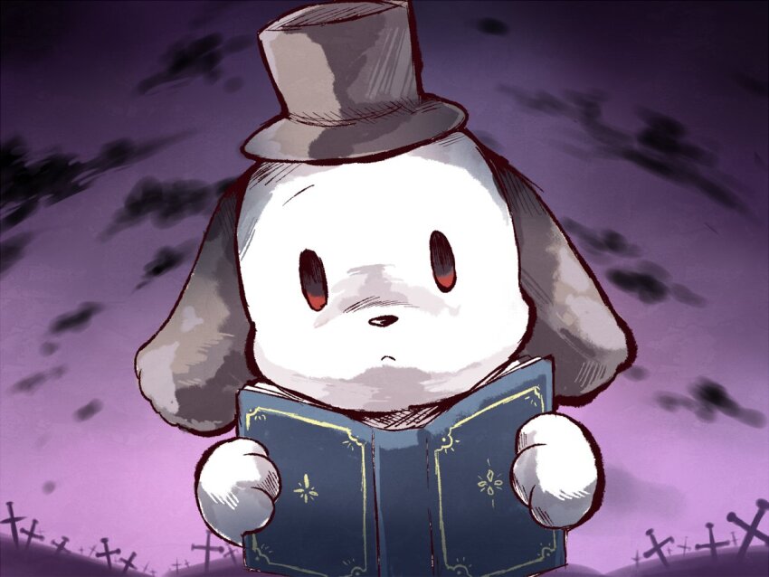black_hat book closed_mouth cloud commentary_request dog field_of_blades hat hnzk_aroma holding holding_book no_humans open_book purple_sky sky solo sword top_hat towelket_wo_mou_ichido wanko_(towelket) weapon
