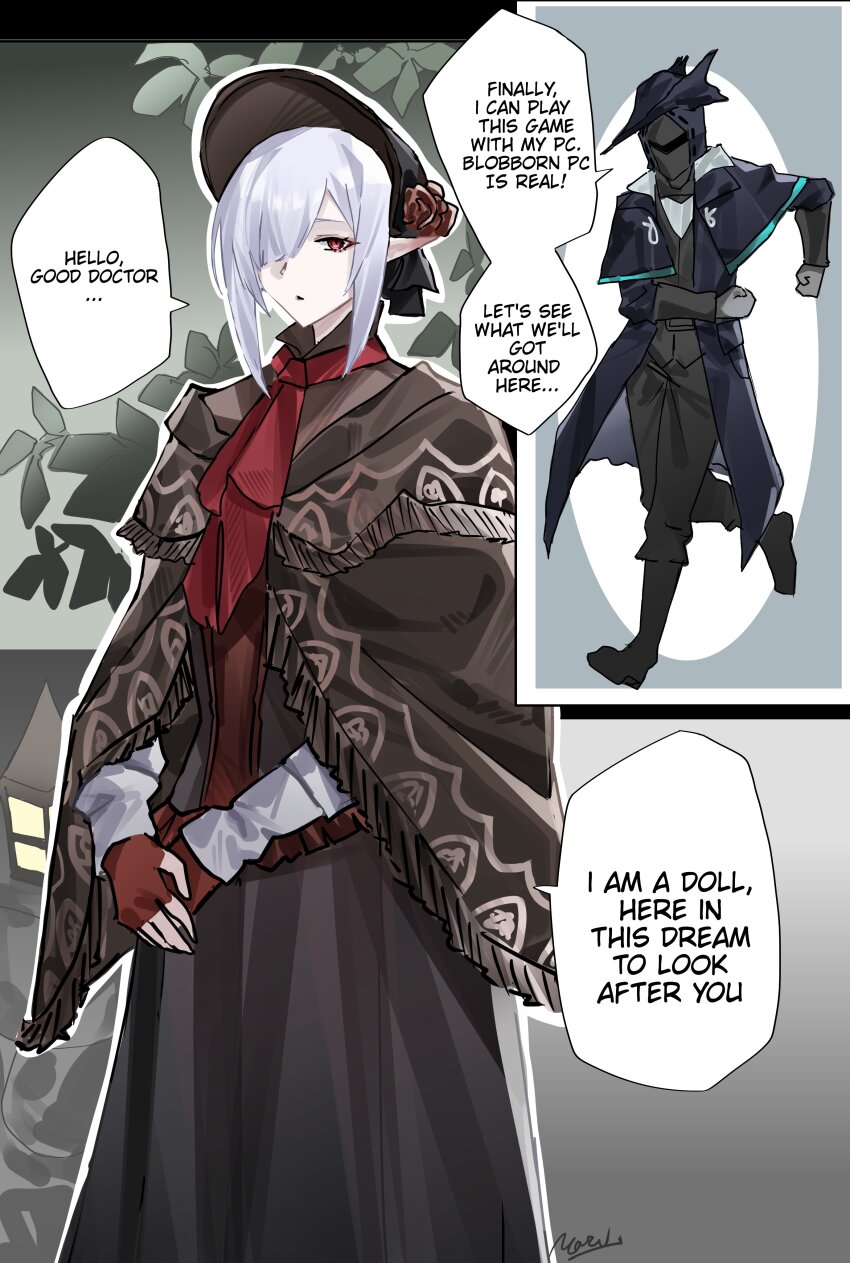 1boy 1girl absurdres arknights bloodborne cosplay cowboy_shot doctor_(arknights) english_text full_body gladiia_(arknights) hair_over_one_eye hat highres plain_doll plain_doll_(cosplay) red_eyes speech_bubble white_hair yazu_(zoddiacz)