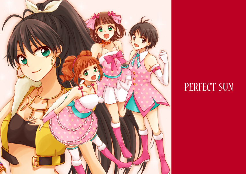 4girls absurdres amami_haruka antenna_hair beyond_the_vibes_(idolmaster) black_eyes black_hair boots brown_hair closed_mouth commentary_request cropped_vest cute_&amp;_girly_(idolmaster) dress earrings elbow_gloves ganaha_hibiki gloves green_eyes hair_ribbon highres hoop_earrings idolmaster idolmaster_(classic) idolmaster_sp jewelry kikuchi_makoto leaning_forward long_hair looking_at_viewer multiple_girls open_mouth orange_hair pink_boots pink_dress pink_ribbon ponytail primary-star_plum_(idolmaster) print_dress ribbon sakura_(ms_ms_ms) short_hair smile standing star_(symbol) star_print takatsuki_yayoi twintails vest white_gloves yellow_vest