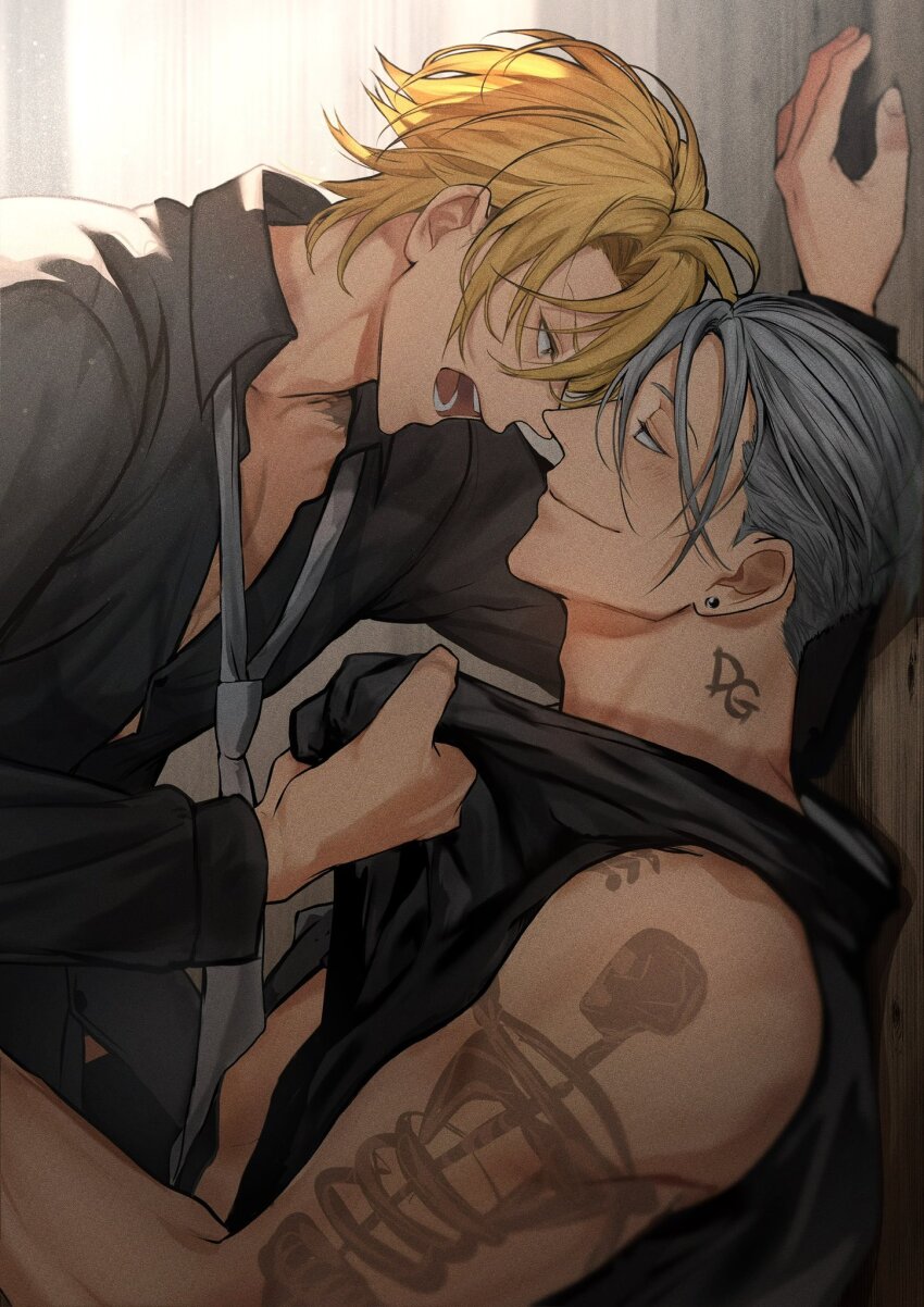 2boys against_wall arm_tattoo bakshi_christensen black_shirt black_tank_top blonde_hair blurry blurry_background closed_mouth collared_shirt ear_piercing eye_contact from_side giancarlo_bourbon_del_monte grey_necktie hand_on_wall highres long_sleeves looking_at_another lucky_dog_1 male_focus miyamoyan multiple_boys muscular muscular_male necktie open_mouth piercing pulling_another&#039;s_clothes shirt smile tank_top tattoo teeth yaoi