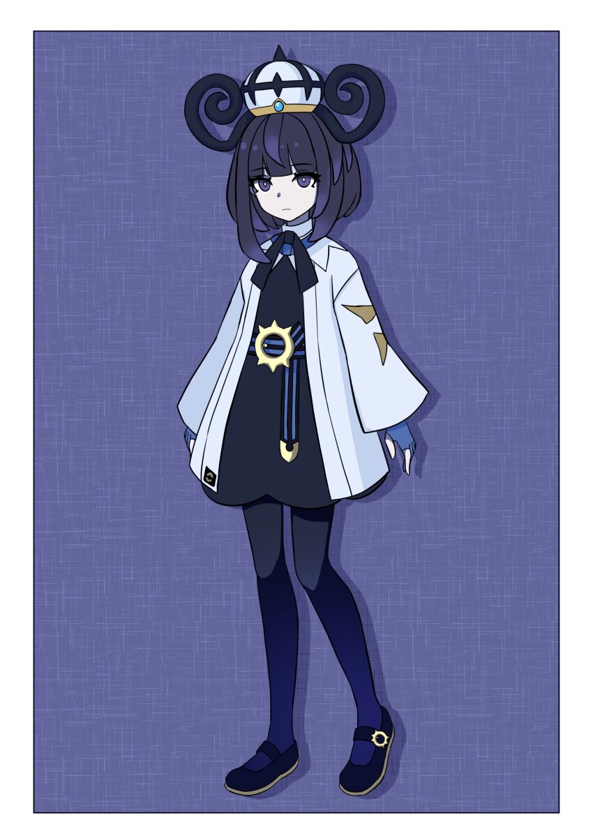 1girl absurdres belt belt_buckle black_dress black_pantyhose black_shoes blue_gloves blunt_bangs bob_cut border buckle closed_mouth coat dress full_body gloves gwynn_(pokemon) hat highres long_sleeves looking_at_viewer nintendo o-ring o-ring_belt open_clothes open_coat pantyhose partially_fingerless_gloves pokemon pokemon_legends:_z-a purple_eyes purple_hair sefie_trpg shoes short_hair solo white_border white_coat