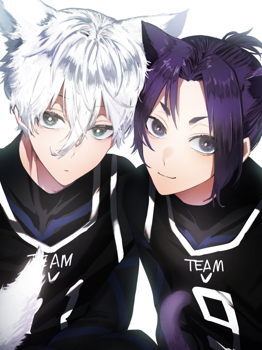 2boys animal_ears black_bodysuit black_eyes black_shirt blue_lock bodysuit cat_boy cat_ears cat_tail closed_mouth highres jersey looking_at_viewer male_focus mikage_reo multiple_boys nagi_seishirou naka_(58hrprtr) purple_eyes purple_hair shirt short_eyebrows short_hair simple_background sleeveless sleeveless_shirt smile tail upper_body v-shaped_eyebrows white_background white_hair