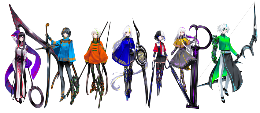 3boys 4girls absurdly_long_hair absurdres androgynous asymmetrical_clothes bad_id bad_pixiv_id black_hair black_leggings black_pants blonde_hair blue_eyes blue_hair blue_jacket bow_(weapon) breasts capelet clothing_cutout dress dual_wielding eighth_note expressionless eyepatch flat_sign forte_(symbol) frilled_dress frills full_body gloves gold_trim green_eyes green_hair green_jacket high_collar highres holding holding_weapon huge_weapon jacket large_hands leggings light_smile lineup loafers long_hair looking_at_viewer mecha_danshi mecha_musume multicolored_eyes multicolored_hair multiple_boys multiple_girls musical_note necktie neon_trim orange_eyes orange_hair orange_jacket original pants pantyhose piano_(symbol) ponytail prosthesis prosthetic_arm prosthetic_leg purple_eyes purple_hair quarter_note red_eyes red_hair scythe sharp_sign shoes short_hair shoulder_cutout skirt small_breasts staff straight_hair streaked_hair sword thighhighs treble_clef tsuki-shigure very_long_hair weapon white_background white_hair white_pants wide_sleeves yellow_eyes