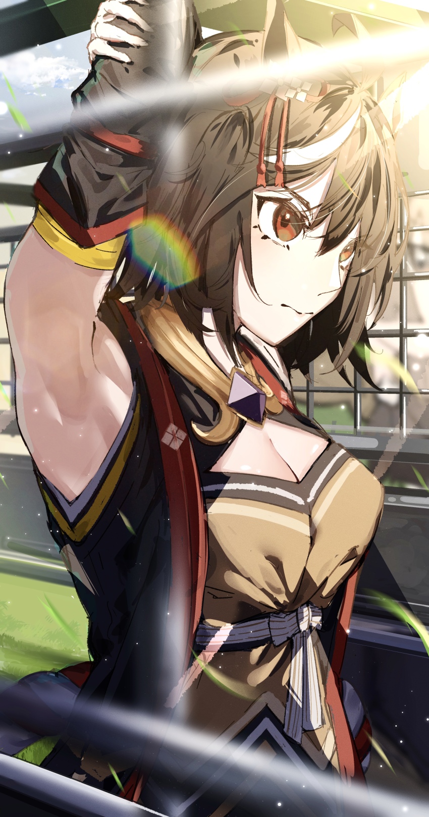 1girl absurdres ahoge animal_ears armpits arms_up black_hair breasts closed_mouth coat commentary_request detached_sleeves fare_gate gate hair_between_eyes hair_ornament highres horse_ears horse_girl horse_tail kitasan_black_(umamusume) lens_flare medium_breasts multicolored_hair n_aaa01 open_clothes open_coat outdoors red_eyes shirt sleeveless sleeveless_coat solo starting_gate streaked_hair tail umamusume upper_body white_hair yellow_shirt