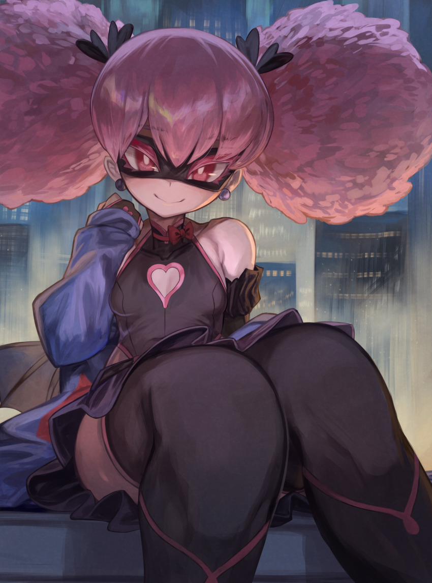 1girl black_leotard black_mask black_skirt boku_no_hero_academia breasts cityscape commentary_request earrings haneyama_kazuho highres jewelry leotard looking_at_viewer low_wings m0_chi outdoors pink_eyes pink_hair pink_trim skirt small_breasts smile solo superhero_costume thick_thighs thighs vigilante_-boku_no_hero_academia:_illegals- wings