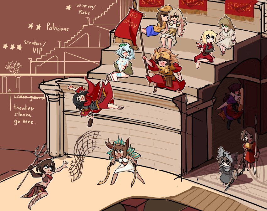6+girls ahoge alcohol ancient_egyptian ancient_egyptian_clothes anubite_(centurii-chan) aquilifer_(centurii-chan) armor banner blonde_hair blue_hair bodypaint bottle braid brown_hair centurii-chan centurii-chan_(character) chain character_request cheering closed_eyes colosseum dual_wielding evocatus_(centurii-chan) falling gladiator gladiator_(centurii-chan) greek-chan_(centurii-chan) greek_armor hastati_(centurii-chan) head_wreath highres holding holding_bottle holding_polearm holding_shield holding_sword holding_weapon hoplite_(centurii-chan) khopesh legate_(centurii-chan) lion_pelt long_hair multiple_girls nemes net original pelt pictish_witch_(anonhistory) polearm praetorian_(centurii-chan) roman_armor shadow shield short_hair sitting smile spear stadium sword trident velites_(centurii-chan) weapon