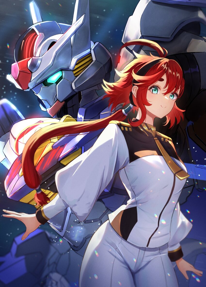 1girl ahoge antenna_hair aqua_eyes asticassia_school_uniform black_hairband closed_mouth gao_kawa gundam gundam_aerial gundam_suisei_no_majo hairband hashtag-only_commentary highres jacket long_hair looking_at_viewer low_ponytail mecha mobile_suit ponytail puffy_sleeves red_hair robot school_uniform shorts shoulder_boards sky smile solo star_(sky) starry_sky suletta_mercury thick_eyebrows white_jacket white_shorts