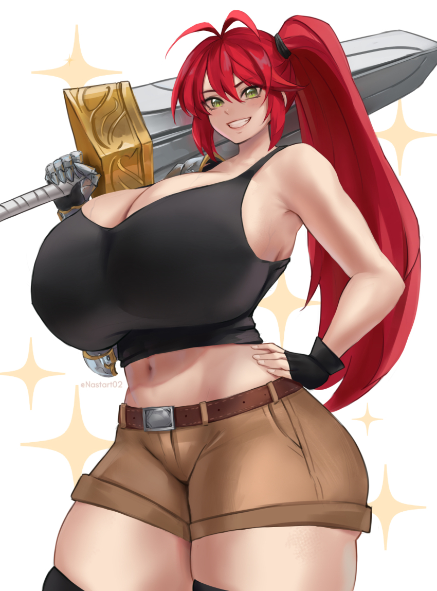 1girl antenna_hair armor artist_name belt black_gloves black_tank_top black_thighhighs breasts brown_belt cleavage commentary commission curvy english_commentary fingerless_gloves gigantic_breasts gloves greaves green_eyes grin hair_between_eyes highres holding holding_sword holding_weapon huge_breasts long_hair looking_at_viewer nastart navel original over_shoulder parted_lips ponytail red_hair shoulder_armor side_ponytail single_fingerless_glove single_greave skindentation smile solo sparkle sword tank_top thick_thighs thighhighs thighs weapon weapon_over_shoulder