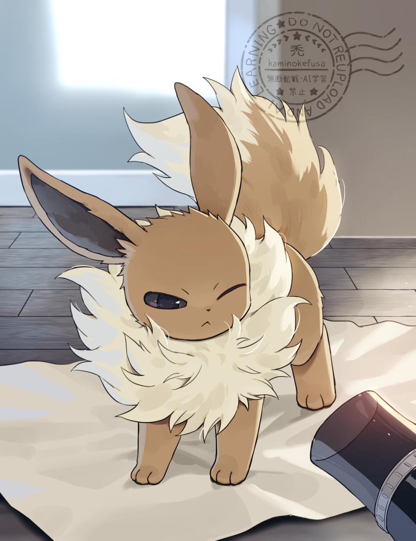all_fours body_fur brown_fur eevee gen_1_pokemon hair_dryer highres indoors kaminokefusa nintendo no_humans one_eye_closed pokemon pokemon_(creature) solo watermark wooden_floor