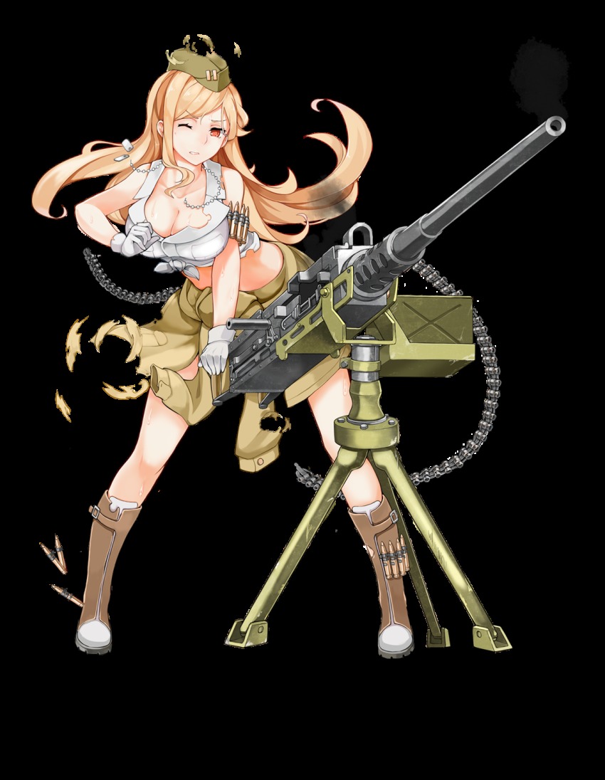 .50_bmg 1girl ammunition ammunition_belt anti-materiel_cartridge blonde_hair boots breasts browning_m2 bullet clothes_around_waist crop_top dog_tags female_focus front-tie_top full_body garrison_cap girls&#039;_frontline gun hat heavy_machine_gun highres hmg_cartridge jacket jacket_around_waist large_breasts looking_at_viewer m2hb_(girls&#039;_frontline) m9_link machine_gun magnum_cartridge match_grade_ammunition midriff military_cartridge official_art one_eye_closed parted_lips personification rifle_cartridge solo standing supersonic_ammunition torn_clothes torn_jacket transparent_background weapon