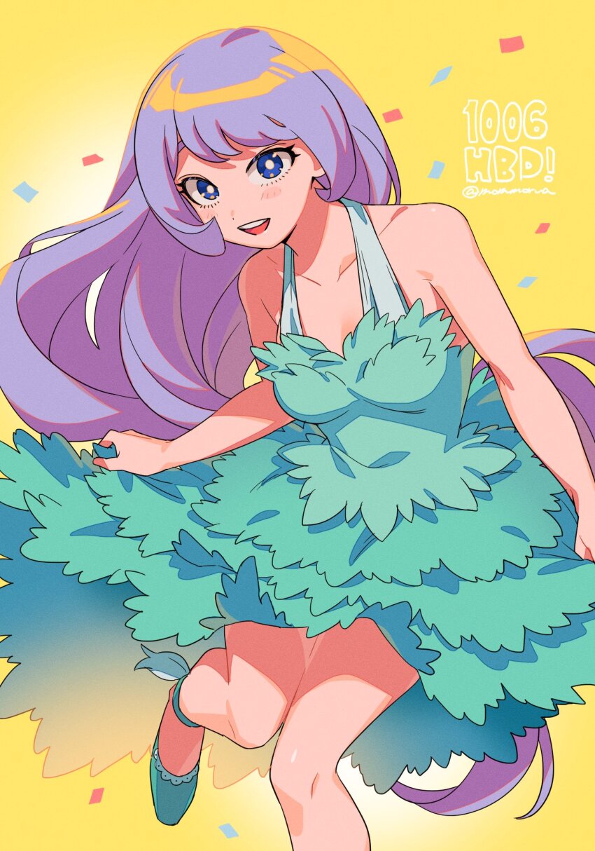 1girl blue_dress blue_eyes blue_hair boku_no_hero_academia bright_pupils confetti dress hado_nejire highres long_hair looking_at_viewer mommorua official_alternate_costume solo very_long_hair white_pupils