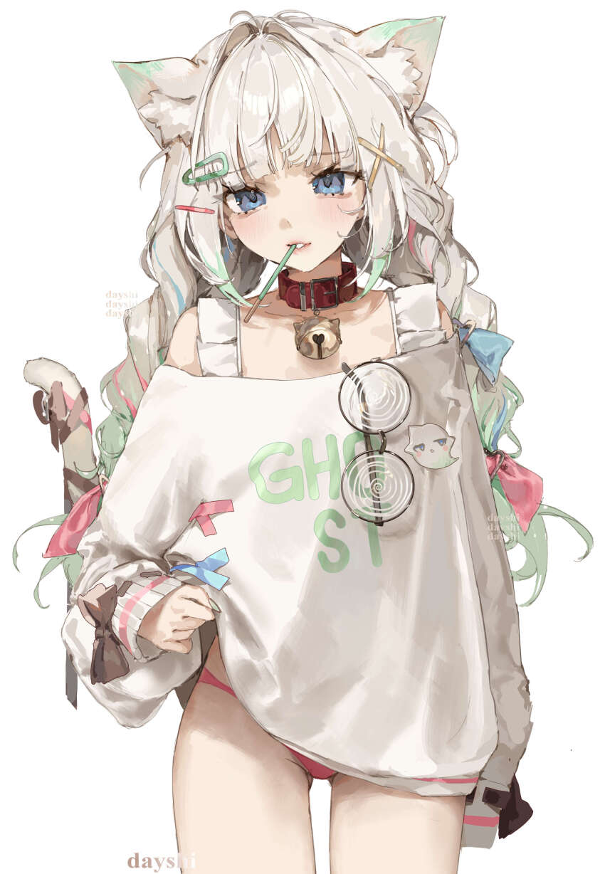 1girl absurdres animal_ear_fluff animal_ears bell belt_collar blue_eyes blunt_bangs bow braid cat_ears cat_girl cat_tail clothes_writing coke-bottle_glasses collar collarbone commentary cowboy_shot dayshiart english_commentary food food_in_mouth glasses gradient_hair green_hair hair_bow hair_ornament hairclip highres indie_virtual_youtuber jingle_bell long_sleeves looking_at_viewer mint_fantome mouth_hold multicolored_hair neck_bell no_pants panties pink_bow pink_panties pocky pocky_in_mouth raihan_(pokemon) red_collar ribbon simple_background sleeves_past_wrists solo tail tail_ornament tail_ribbon twin_braids underwear unworn_eyewear virtual_youtuber white_background white_hair x_hair_ornament