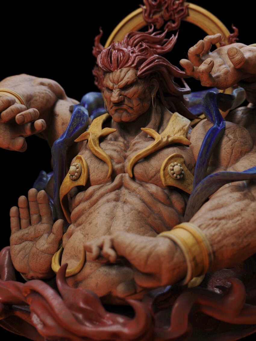 1boy 3d akuma_(street_fighter) cropped_torso extra_arms fiery_hair figure fire frown halo halo_behind_head highres hubai_(f_mandelbrot) large_hands looking_ahead looking_at_viewer male_focus muscular muscular_male pectorals photo_(medium) red_hair solo street_fighter three_quarter_view wrinkled_skin