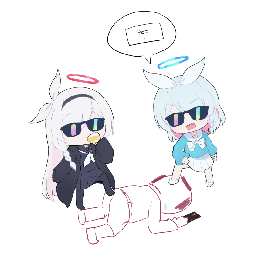1boy 2girls :d absurdres arona_(blue_archive) black_hairband black_jacket black_sailor_collar black_serafuku black_shoes blue_archive blue_hair blue_halo blue_shirt bow_hairband braid chibi colored_inner_hair commentary cup doodle_sensei_(blue_archive) drinking full_body hairband halo highres holding holding_cup jacket long_hair medium_hair multicolored_hair multiple_girls neckerchief open_clothes open_jacket open_mouth phone pink_hair plana_(blue_archive) pleated_skirt red_halo sailor_collar school_uniform sensei_(blue_archive) serafuku shin_121 shirt shoes simple_background skirt smile speech_bubble stepped_on sunglasses sweatdrop two-tone_hair white_background white_hair white_hairband white_neckerchief white_sailor_collar white_shoes white_skirt yen