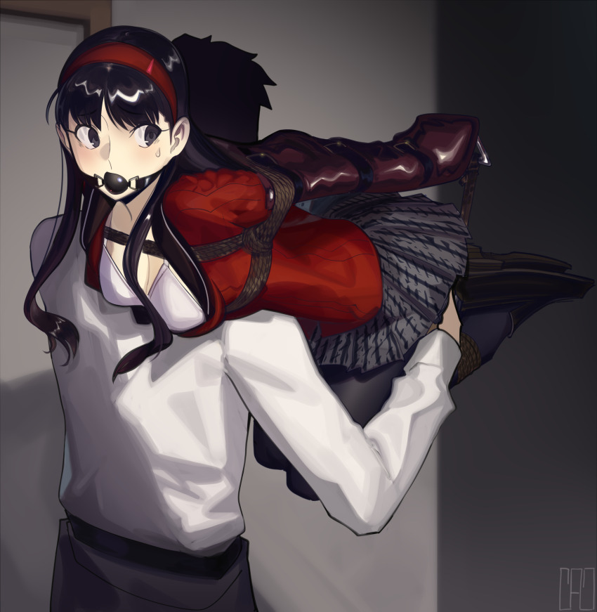 1boy 1girl abduction amagi_yukiko armbinder ball_gag bdsm black_hair black_skirt bondage bound bra breasts cad_(caddo) carrying carrying_person commission gag highres kidnapped kidnapping miniskirt peril persona persona_5 red_shirt second-party_source shirt skirt tagme underwear white_bra