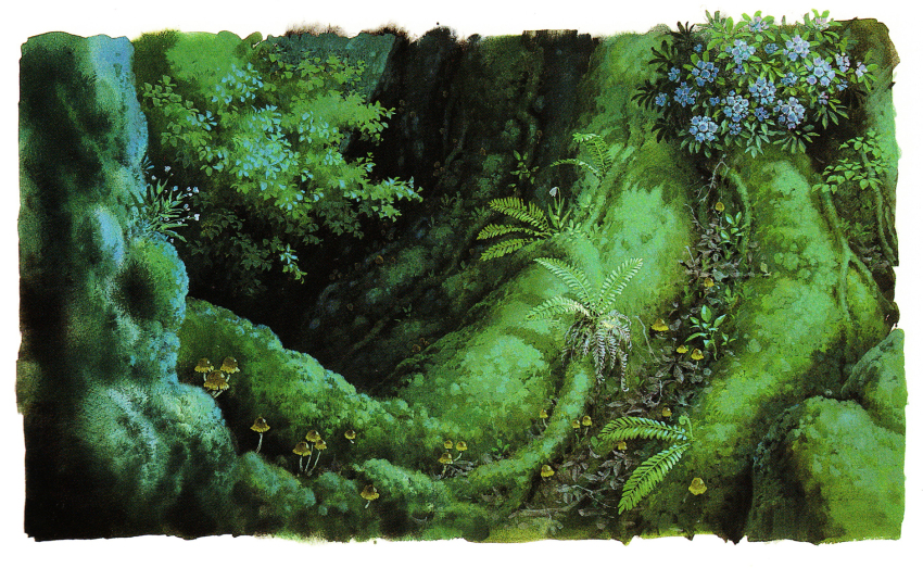 border flower foliage green_theme highres mononoke_hime moss mushroom night no_humans official_art oga_kazuo outdoors painting_(medium) plant_roots scan scenery still_life third-party_source traditional_media tree white_border
