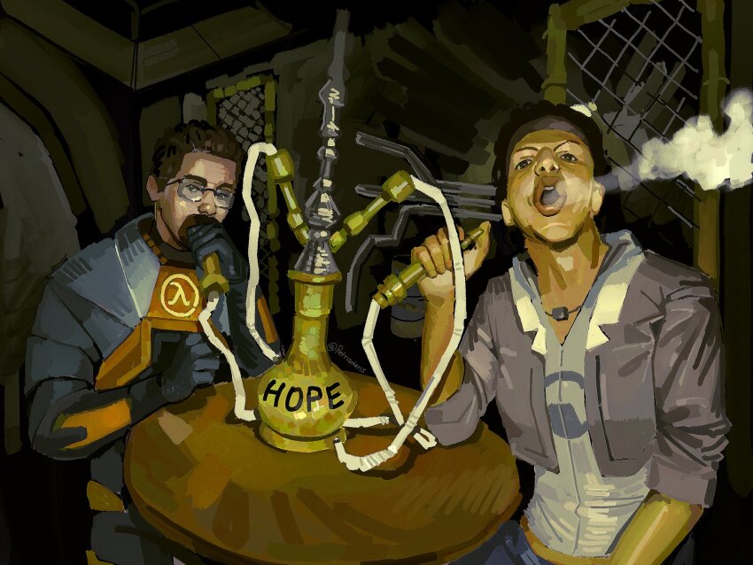 1boy 1girl alyx_vance armor artist_name black_hair black_mesa_logo blowing_smoke bong brown_hair brown_headband brown_jacket chain-link_fence commentary copium_(meme) english_commentary facial_hair fence glasses goatee gordon_freeman half-life half-life:_alyx half-life_(series) half-life_2 headband hev_suit highres hookah indoors jacket jewelry lambda_symbol lips looking_at_viewer meme necklace open_mouth orange_armor petrisolaris photo-referenced rectangular_eyewear shirt smoking twitter_username upper_body white_shirt