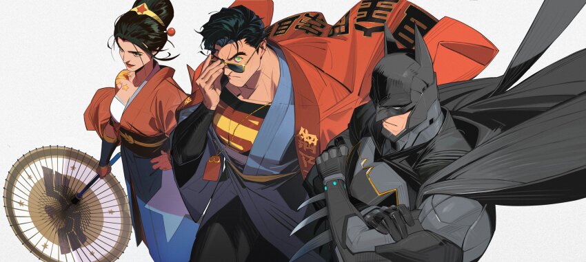 1girl 2boys absurdres adjusting_eyewear batman batman_(series) black_cape black_gloves black_hair black_hakama black_sash blue_hakama blue_kimono bodysuit breasts cape closed_mouth commentary cowl crossed_arms dc_comics floating_cape glint gloves green_eyes grey_bodysuit grin hadanugi_dousa hair_bun hair_ornament hair_stick hakama hakama_skirt hand_on_own_hip haori highres holding holding_umbrella japanese_clothes kimono large_breasts lipstick looking_at_viewer makeup multiple_boys obi oil-paper_umbrella omamori open_kimono red_eyes red_haori red_kimono red_lips sash short_hair simple_background single_hair_bun skirt smile star_(symbol) star_print sunglasses superhero_costume superman superman_(series) superman_logo symbol-only_commentary umbrella white-corner white_background wonder_woman wonder_woman_(series)