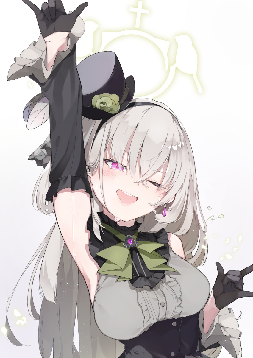 1girl ;d \m/ absurdres black_gloves black_hat black_skirt blue_archive breasts detached_sleeves earrings gloves grey_hair grey_shirt halo hat high-waist_skirt highres jewelry long_hair looking_at_viewer medium_breasts official_alternate_costume one_eye_closed open_mouth pink_eyes ryo_(ryo_skrdi) sakurako_(blue_archive) sakurako_(idol)_(blue_archive) shirt simple_background skirt smile solo sweat teeth upper_body upper_teeth_only very_long_hair white_background