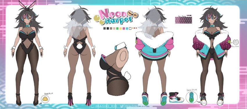 1girl black_footwear black_hair black_leotard blue_bow blue_bowtie blue_hair blue_jacket bodystocking bow bowtie breasts bunny_day reference_sheet cleavage closed_mouth collar color_guide dark-skinned_female dark_skin earrings fishnet_pantyhose fishnets from_behind from_side full_body fur-trimmed_jacket fur_trim high_heels imagine_red indie_virtual_youtuber jacket jewelry leotard long_hair multicolored_footwear multicolored_hair multicolored_jacket multiple_views navel neon_harper off_shoulder open_clothes open_jacket pantyhose pink_hair pink_sleeves playboy_bunny rabbit_tail second-party_source see-through_cleavage see-through_clothes see-through_leotard see-through_midriff shoes smile streaked_hair tail torso twitch_username twitter_username virtual_youtuber white_collar yellow_eyes