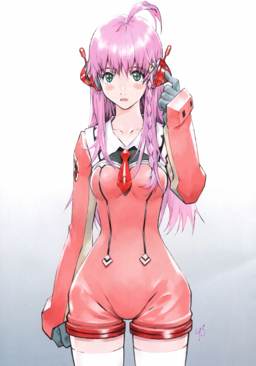 1girl absurdres ahoge breasts buster_machine_7 gainax green_eyes highres long_hair looking_at_viewer medium_breasts necktie nono_(top_wo_nerae_2!) official_art pink_hair sadamoto_yoshiyuki solo top_wo_nerae!_(series) top_wo_nerae_2! traditional_media
