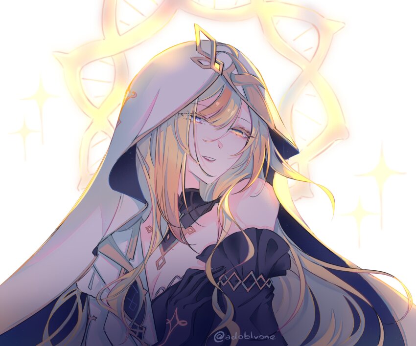 1girl absurdres adoblvone asymmetrical_sleeves black_choker black_dress blonde_hair breasts choker double_helix dress genshin_impact heterochromia highres long_hair rhinedottir_(genshin_impact) simple_background smile solo symbol-shaped_pupils upper_body very_long_hair