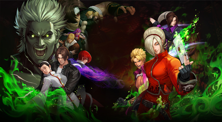 6+boys adelheid_bernstein asamiya_athena ash_crimson black_hair blonde_hair breasts brown_eyes brown_hair colored_skin dark-skinned_male dark_skin duo_lon earrings fatal_fury fingerless_gloves fire gloves green_fire grey_skin hair_pulled_back hairband headband highres jacket japanese_clothes jewelry kagura_chizuru kusanagi_(clone) kusanagi_kyou leather leather_jacket long_hair long_sleeves looking_at_viewer medium_breasts miko mukai_(kof) multiple_boys multiple_girls official_art pants petrification pink_hair purple_fire pyrokinesis red_eyes red_hair rose_bernstein school_uniform shen_woo short_hair smile snk team_sacred_treasures_(kof) terry_bogard the_king_of_fighters the_king_of_fighters_2003 the_king_of_fighters_all-stars white_hair white_hairband yagami_iori
