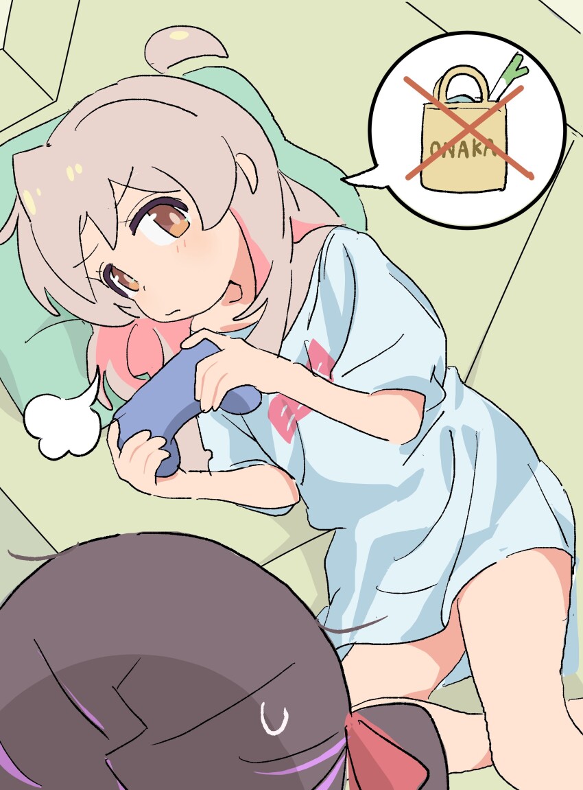2girls absurdres ahoge brown_eyes brown_hair chair commentary_request controller game_controller highres holding holding_controller holding_game_controller kosuda light_blush multicolored_hair multiple_girls onii-chan_wa_oshimai! onion oyama_mahiro oyama_mihari pillow pink_hair shirt speech_bubble spring_onion sweatdrop t-shirt twintails white_shirt