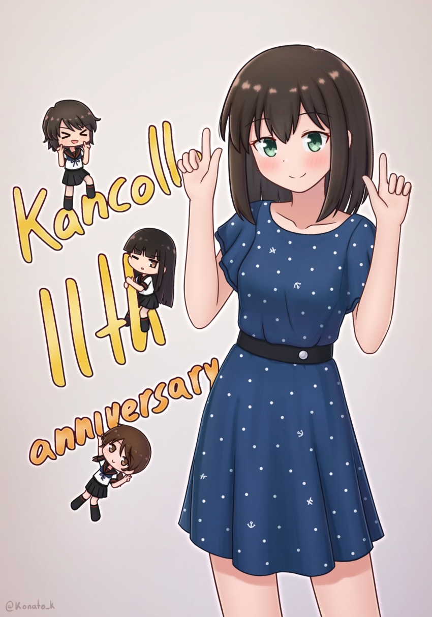 4girls anniversary black_hair blue_dress blue_eyes chibi dress fubuki_(kancolle) fubuki_(spring)_(kancolle) grey_background hair_down hatsuyuki_(kancolle) hatsuyuki_kai_ni_(kancolle) highres index_finger_raised kantai_collection konato_k medium_hair miyuki_(kancolle) miyuki_kai_ni_(kancolle) multiple_girls official_alternate_costume official_alternate_hairstyle polka_dot polka_dot_dress school_uniform serafuku shirayuki_(kancolle) shirayuki_kai_ni_(kancolle) simple_background smile solo_focus