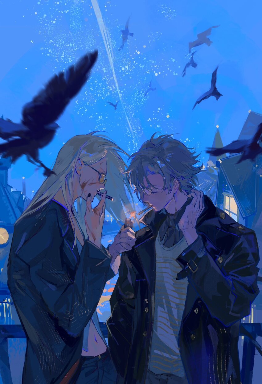 23hr55min 2boys black_coat black_pants blonde_hair blood blood_on_face blue_eyes coat daybit_sem_void fate/grand_order fate_(series) highres long_hair multiple_boys pants purple_eyes smoking sunglasses tezcatlipoca_(fate)