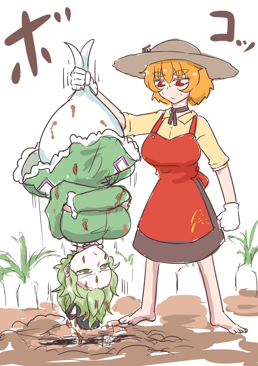 2girls absurdres aki_minoriko apron brown_headwear burijittou closed_mouth crossed_arms daikon dress full_body ghost_tail gloves green_dress green_eyes green_hair highres holding_person long_sleeves looking_at_another multiple_girls ofuda ofuda_on_clothes orange_hair radish red_apron red_eyes short_eyebrows short_hair soga_no_tojiko standing touhou white_background white_gloves