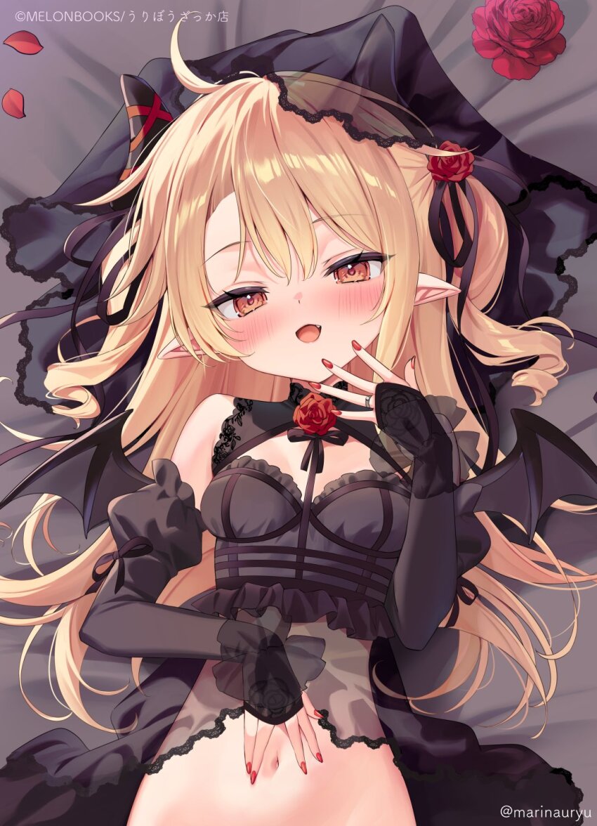 1girl babydoll bat_wings black_ribbon black_sleeves blonde_hair blush breasts commentary_request copyright_notice demon_girl detached_sleeves fang flower hair_flower hair_ornament hair_ribbon hand_on_own_stomach highres horns jewelry long_hair lying natsuki_marina navel on_back open_mouth orange_eyes original red_flower red_nails red_rose ribbon ring rose small_breasts solo stomach twitter_username upper_body wings