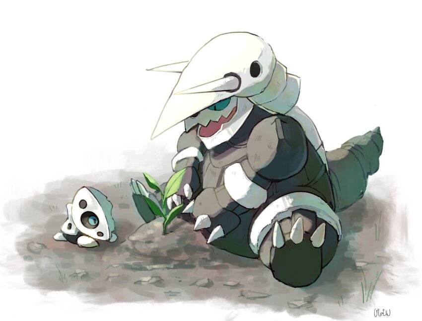 aggron aron bishamon_(usagi_ba) black_skin blue_eyes claws colored_skin dirt game_freak gen_3_pokemon highres leaf looking_down lying nintendo no_humans on_stomach open_mouth plant pokemon pokemon_(creature) sitting white_background
