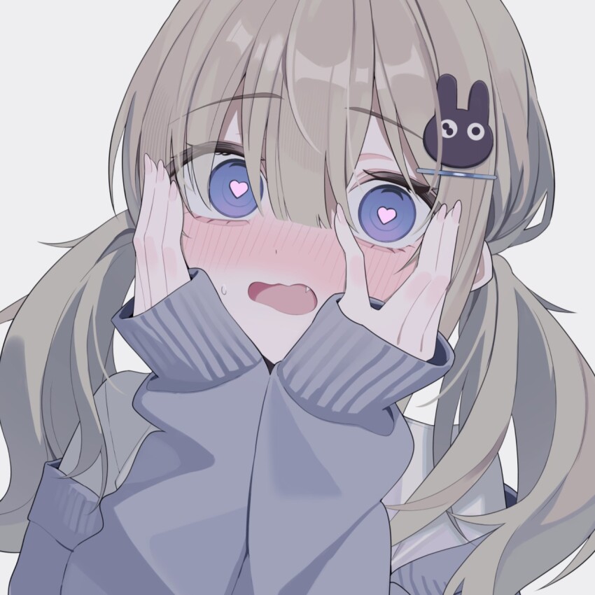 1girl blue_cardigan blue_eyes blush brown_hair cardigan fang fingernails grey_background hair_between_eyes hair_ornament hairclip hands_on_own_face hands_up heart heart-shaped_pupils highres long_hair long_sleeves looking_at_viewer low_twintails mizu_(lzzrwi603) nose_blush off_shoulder open_mouth original purple_eyes rabbit_hair_ornament shirt simple_background sleeves_past_wrists solo sweat symbol-shaped_pupils twintails upper_body white_background white_shirt