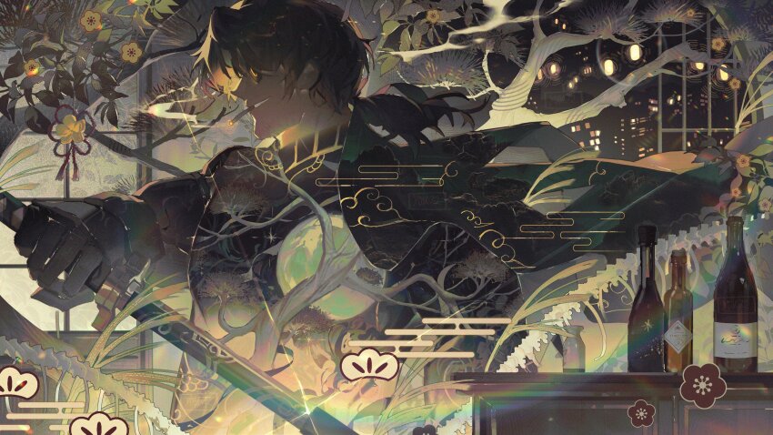 1boy absurdres bare_tree beard_stubble black_jacket bone bottle brown_hair chest_tattoo cigarette city commentary egasumi english_commentary eyepatch facial_hair flower full_moon glint gregor_(project_moon) grin highres holding holding_sword holding_weapon irezumi jacket jacket_on_shoulders kurokumo_clan_(identity)_(project_moon) lattice leaf limbus_company long_hair looking_ahead low_ponytail male_focus moon mustache_stubble neck_tattoo ponytail project_moon prosthesis prosthetic_arm sake_bottle sheath shouji sliding_doors smile smoke smoking solo stubble sword tattoo tokkuri tree unsheathing upper_body weapon window xiangyun yellow_flower yolk72