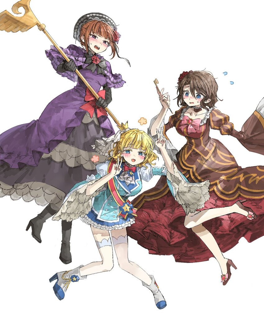 3girls :d aiguillette ascot beatrice_(umineko) beatrice_(umineko)_(cosplay) black_bow black_footwear black_gloves blonde_hair blue_dress blue_eyes blunt_bangs blush boots bow bowtie brooch brown_dress brown_hair capelet choker commentary_request cosplay crown curtained_hair double_v dress dress_bow dress_flower elbow_gloves eva_beatrice eva_beatrice_(cosplay) flower flower_symbol flying_sweatdrops footwear_bow frilled_ascot frilled_capelet frilled_choker frilled_dress frilled_sleeves frills full_body gem ghkdakrh1129 gloves hair_flower hair_ornament hat high_heel_boots high_heels highres holding holding_staff jewelry kiseru knees_together_feet_apart korean_commentary layered_dress long_sleeves looking_at_viewer medium_hair mini_crown multiple_girls open_mouth piece_(umineko) piece_(umineko)_(cosplay) pink_bow puffy_sleeves pumps purple_capelet purple_dress purple_eyes red_bow red_bowtie red_flower red_gemstone red_rose red_sash rose sash shannon_(umineko) shoulder_sash sidelocks simple_background smile smoking_pipe staff sweatdrop swept_bangs thigh_strap tilted_headwear umineko_no_naku_koro_ni ushiromiya_eva ushiromiya_jessica v wavy_mouth white_background white_footwear wide_sleeves