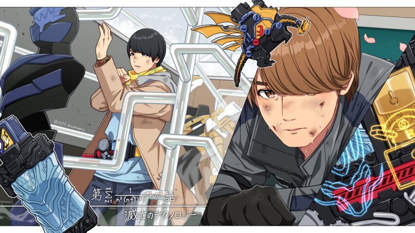 1010_mumumu 2boys banjou_ryuuga black_hair brown_eyes brown_hair build_driver chemistry disguise dragon dragon_fullbottle episode_number fullbottle henshin heterochromia highres kamen_rider kamen_rider_build kamen_rider_build_(series) key key_fullbottle kiryuu_sento military_uniform multiple_boys