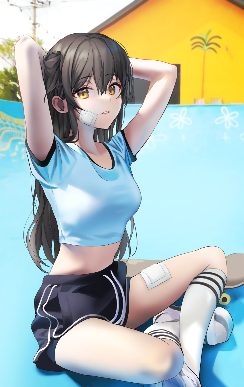 1girl absurdres arms_up bandages black_shorts brown_eyes brown_hair building crossed_legs highres kneehighs long_hair looking_at_viewer midriff nagul original outdoors parted_lips photo-referenced shirt short_sleeves shorts sitting skateboard sky socks solo t-shirt thighs tree white_shirt white_socks
