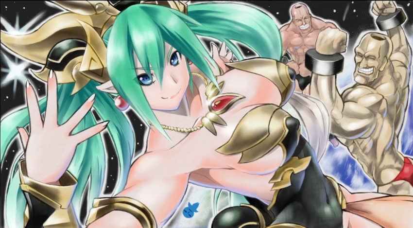 1girl 2boys adon_(cho_aniki) aqua_hair armlet bare_shoulders benten_(cho_aniki) black_leotard blue_eyes breasts cho_aniki cleavage closed_mouth collarbone covered_erect_nipples earrings earth_(planet) eyebrows fingernails gem hair_between_eyes hair_ornament hanabusa_(xztr3448) highres jewelry large_breasts leotard lips long_fingernails long_hair manly multiple_boys muscular necklace no_bra pink_lips planet pointy_ears samson sideboob smile solo_focus space star_(sky) strapless strapless_leotard twintails v-shaped_eyebrows