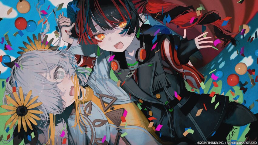 +_+ 2girls absurdres balloon black_hair blue_hair confetti dress fingerless_gloves flower gloves grey_eyes grey_hair hair_flower hair_ornament hair_over_one_eye harusaruhi highres holding_hands isekaijoucho jacket kamitsubaki_studio long_hair looking_at_viewer mesmerizer_(vocaloid) multicolored_hair multiple_girls official_art open_mouth orange_eyes red_hair smile sunflower tekito_midori twintails