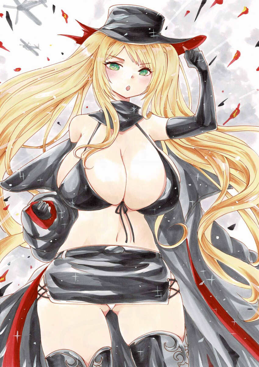 arm_up azur_lane bikini bikini_top_only black_bikini black_choker black_coat black_hat black_skirt choker coat elbow_gloves front-tie_top gloves hat highres hornet_(azur_lane) hornet_(meta)_(azur_lane) marker_(medium) naked_coat skirt swimsuit traditional_media uzuharu_(uduharu)