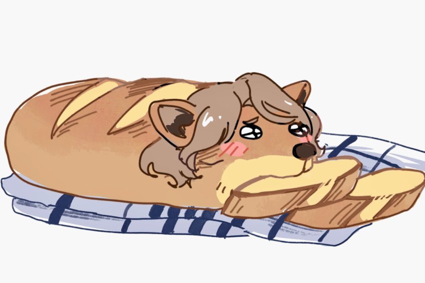 1boy animal_ears axis_powers_hetalia blush_stickers bread bread_slice dog_ears food food_in_mouth foodification france_(hetalia) grey_background meme oplusplusplus simple_background towel what would_you_still_love_me_if_i_was_a_worm_(meme)