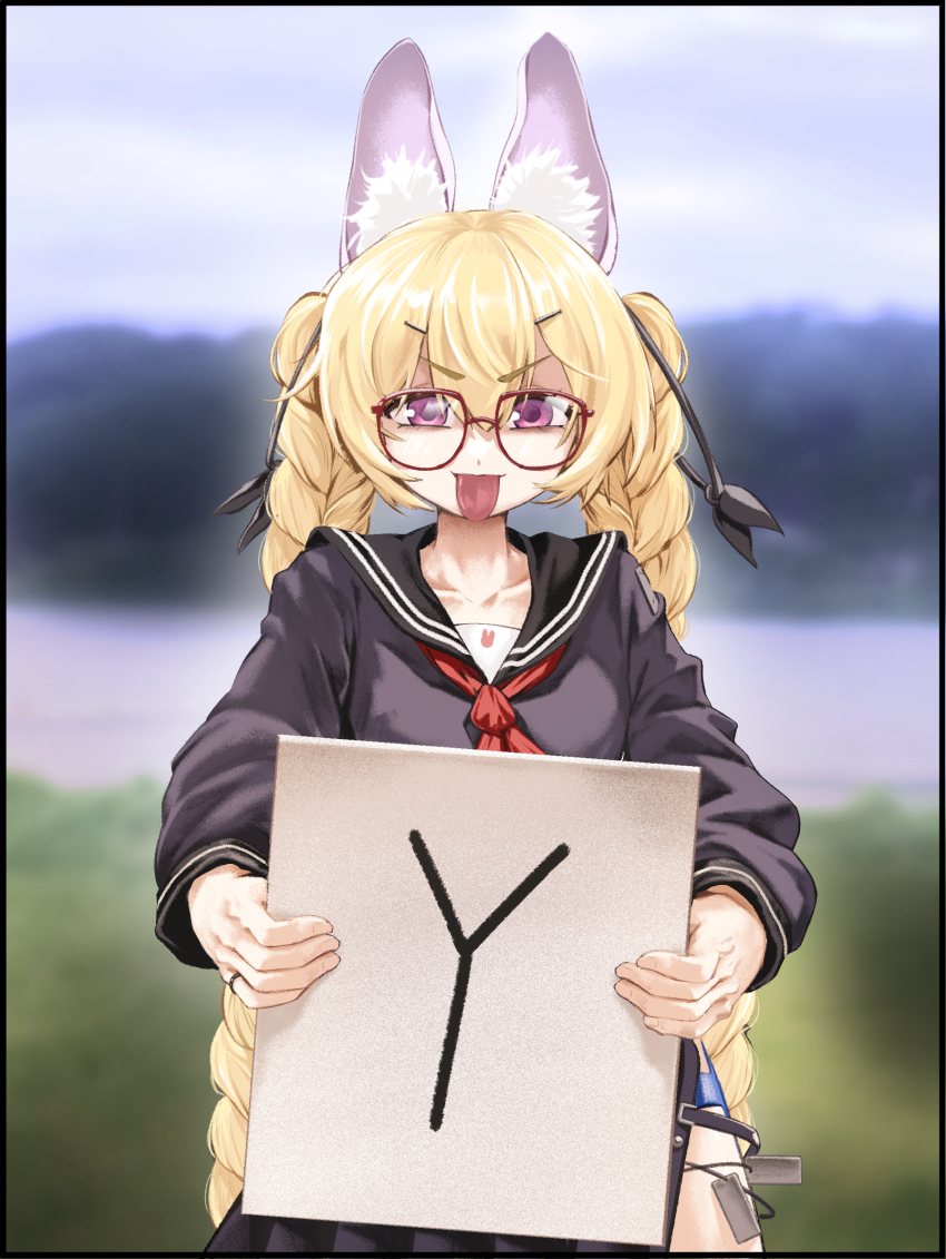 1girl animal_ear_fluff animal_ears black_sailor_collar black_serafuku black_shirt blonde_hair blurry blurry_background braid chtv fake_animal_ears girls&#039;_frontline glasses highres holding jewelry long_hair looking_at_viewer neckerchief official_alternate_costume purple_eyes rabbit_ears red_neckerchief ring sailor_collar school_uniform serafuku shirt solo sr-3mp_(commando_bunny)_(girls&#039;_frontline) sr-3mp_(girls&#039;_frontline) tongue tongue_out twin_braids