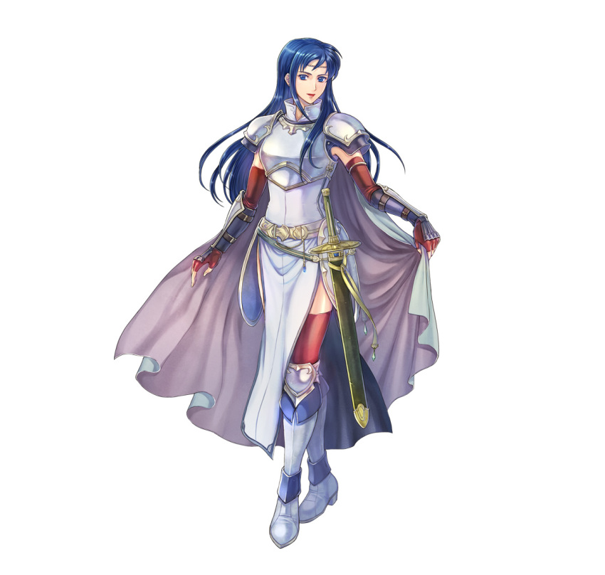 1girl armor blue_eyes blue_hair breastplate cape elbow_gloves female_focus fingerless_gloves fire_emblem fire_emblem:_the_blazing_blade fire_emblem_heroes full_body gloves isadora_(fire_emblem) long_hair matching_hair/eyes nintendo official_art pelvic_curtain red_thighhighs sheath sheathed shoulder_armor solo standing sword thighhighs vambraces weapon white_cape