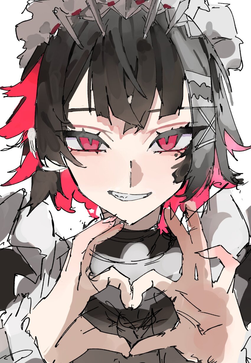 1girl absurdres black_hair colored_inner_hair commentary_request ellen_joe four-finger_heart_hands grin hairband heart heart_hands highres looking_at_another looking_at_viewer maid metal_hairband mole mole_under_eye multicolored_hair parted_lips portrait razor_blade_hair_ornament red_eyes red_hair shark_girl short_hair simple_background smile solo spiked_headband walk43049101art white_background zenless_zone_zero