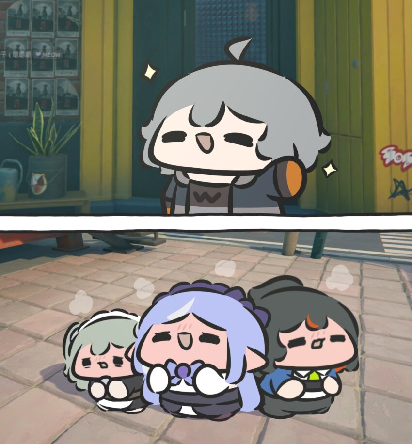 1boy 3girls =_= ahoge apron black_hair blue_bow blue_hair blush bow bowtie chibi chibi_only closed_eyes corin_wickes dress embarrassed flustered full-face_blush green_hair grey_hair hair_between_eyes happy hetero highres jacket long_hair long_sleeves maid maid_headdress multicolored_hair multiple_girls open_mouth pointy_ears ponytail purple_hair red_hair red_streaks shirt sparkle streaked_hair superappleman twintails vivian_banshee wise_(zenless_zone_zero) zenless_zone_zero zhu_yuan